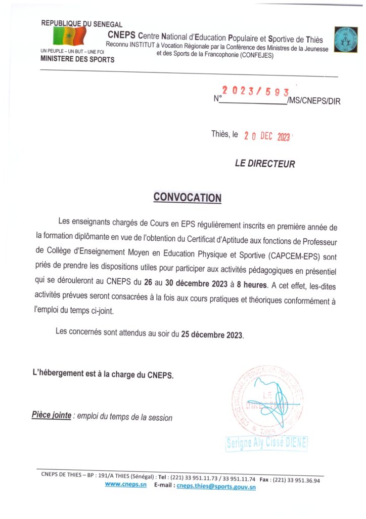 CNEPS CONVOCATION DES ENSEIGNANTS CHARGÉS DE COURS EN EPS 1 ÈRE ANNÉE — free download